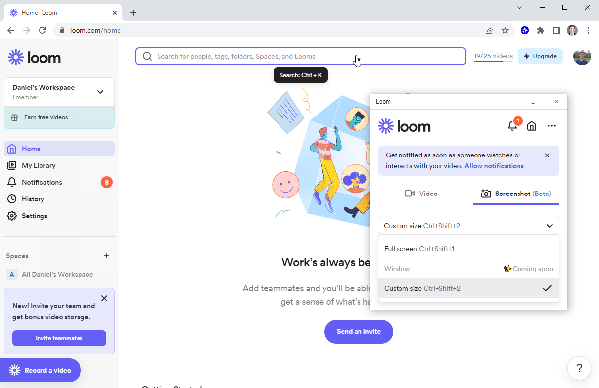 A screenshot of the Loom screenshot interface