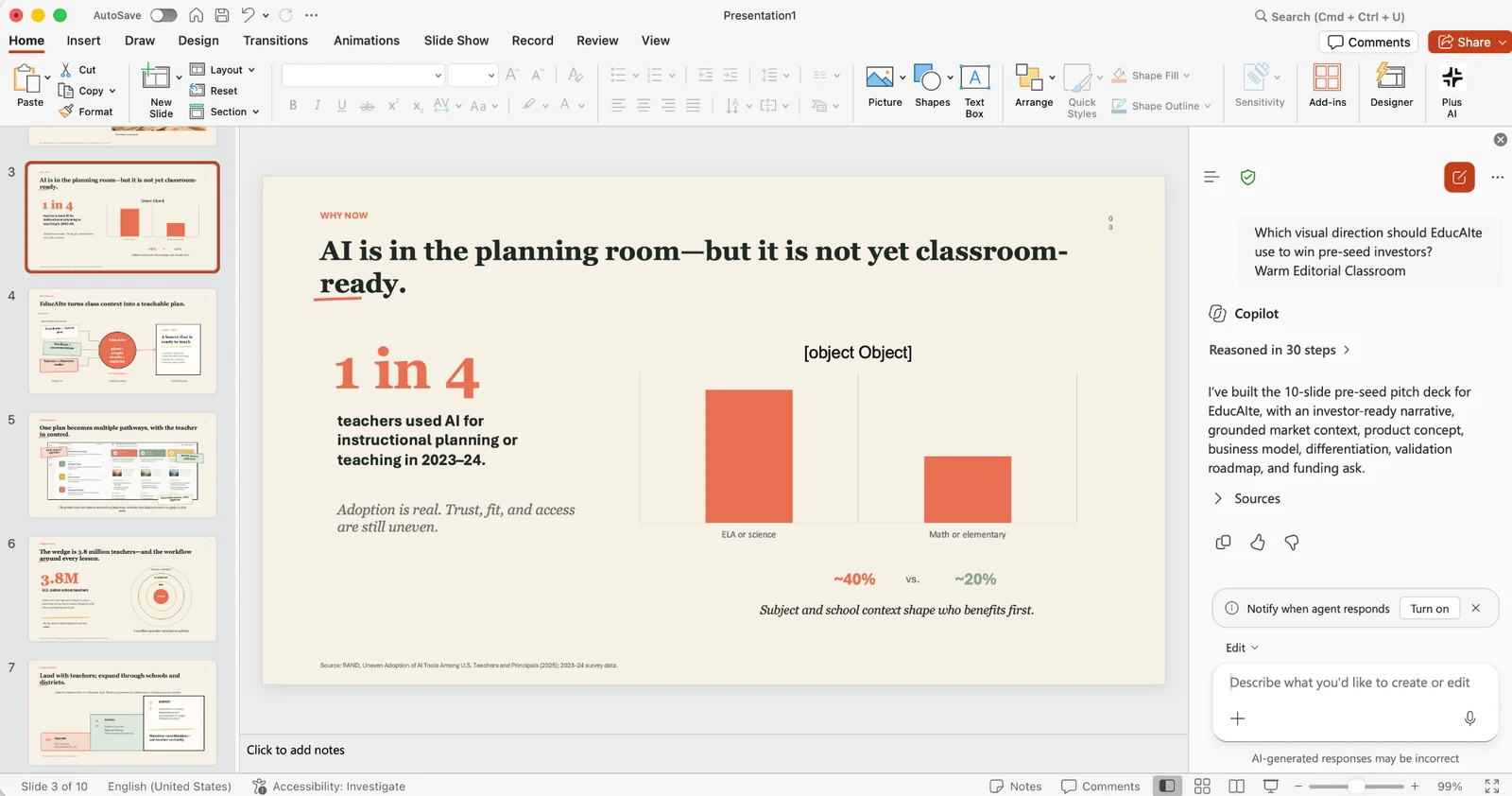 Copilot-für-PowerPoint-Folie mit fehlerhaftem Diagrammtitel