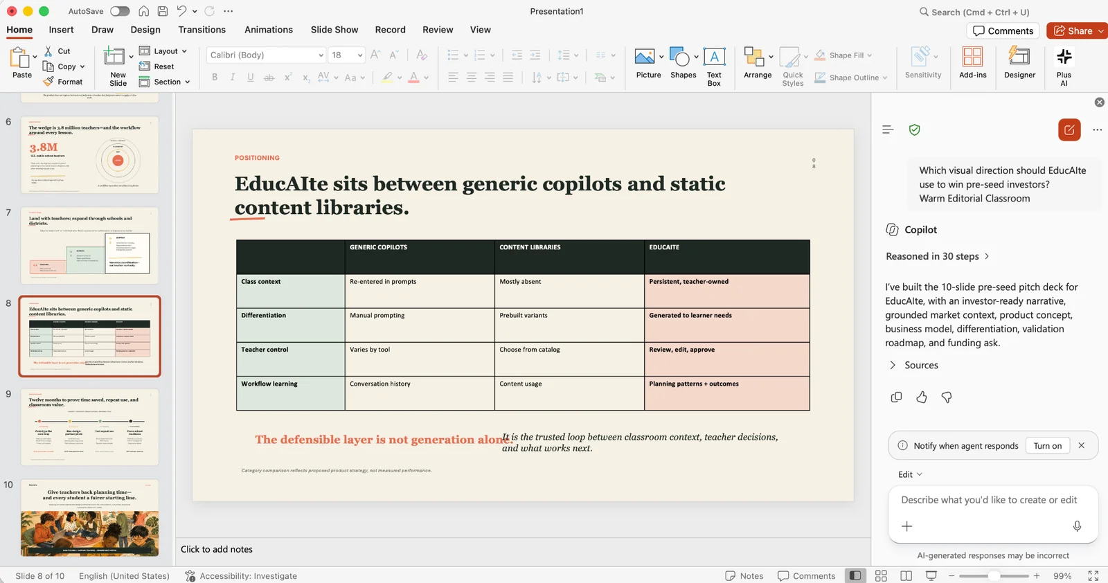 Copilot-für-PowerPoint-Folie mit Vergleichstabelle und Problemen bei der Textausrichtung