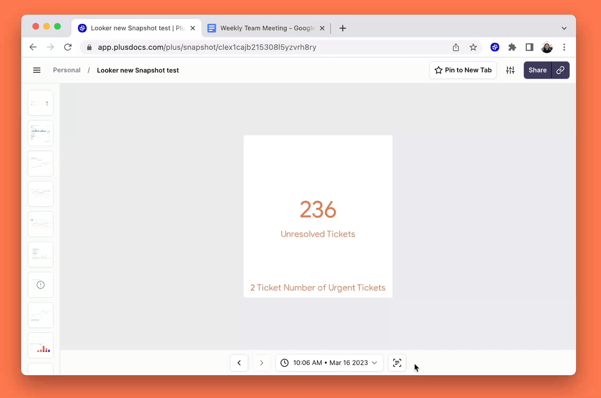 Clicking the "copy text" button in the Plus app to copy text from a Snapshot of a customer support dashboard. Pasting it into Google Docs.